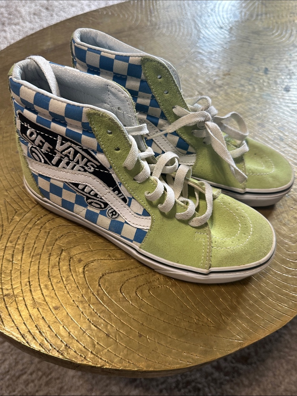 Vans High-Top Sneakers Lime Green Suede and Blue Checkerboard